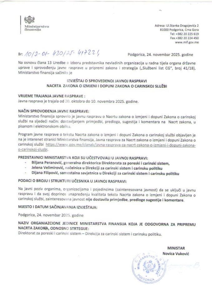 Izvještaj o sprovedenoj javnoj raspravi Nacrta zakona o izmjeni i dopuni Zakona o carinskoj službi