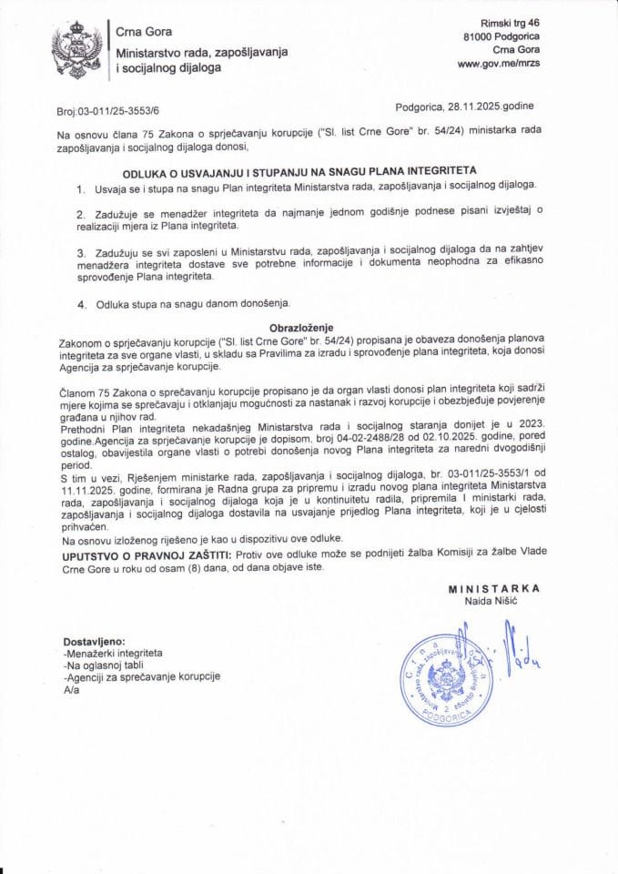 Odluka o usvajanju i stupanju na snagu Plana integriteta