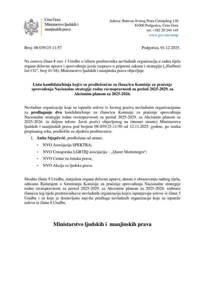 Lista kandidata/kinja koji/e su predloženi/ne za člana/icu Komisije za praćenje sprovođenja Nacionalne strategije rodne ravnopravnosti za period 2025-2029