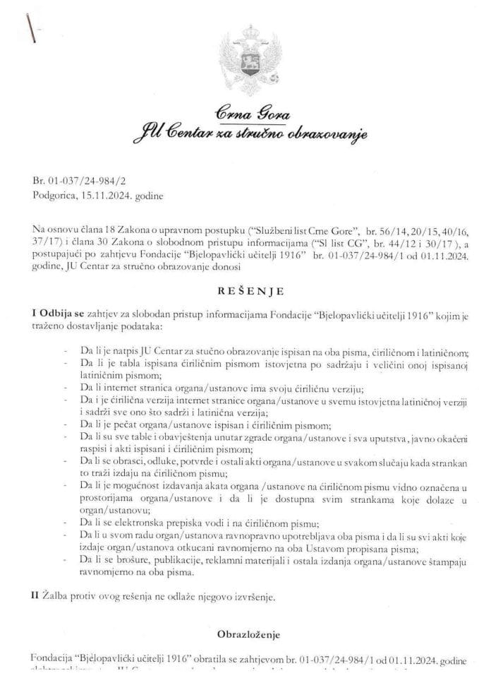 rješenje NVO Bjelopavlicki ucitelji nov br.984 2024