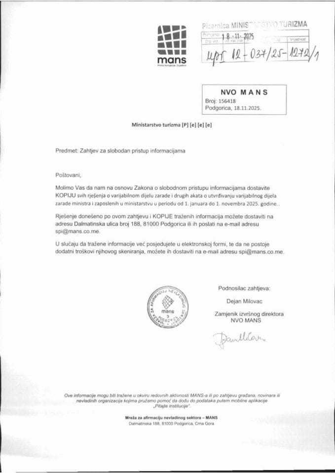 Zahtjev - Slobodan pristup informacijama - UPI 12-037-25-1272-1 - Mreža za afirmaciju nevladinog sektora - MANS