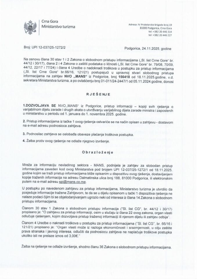 Rješenje - Slobodan pristup informacijama - UPI 12-037-25-1272-2 Mreža za afirmaciju nevladinog sektora - MANS