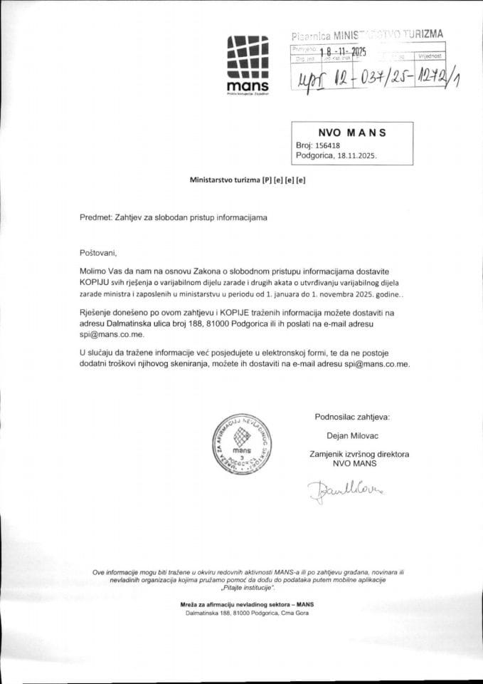 Informacije kojima je pristup odobren po osnovu zahtjeva br UPI 12-037-25-1272-1 - Mreža za afirmaciju nevladinog sektora - MANS od 18.11.2025. godine