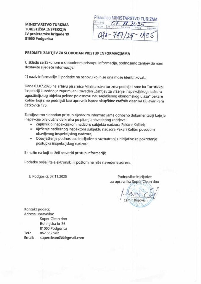 Zahtjev - Slobodan pristup informacijama - UPI 081-717-25-1295-1 - Super Clean d.o.o. - Esmir Rujović