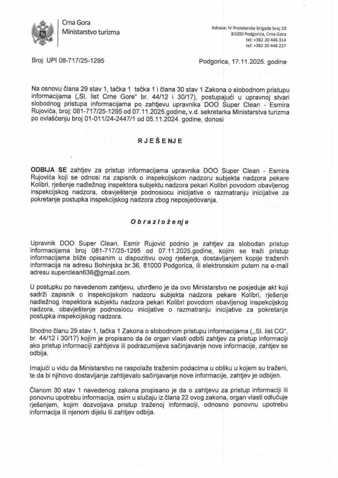 Rješenje - Slobodan pristup informacijama - UPI 08-717-25-1295-2 Super Clean d.o.o. - Esmir Rujović
