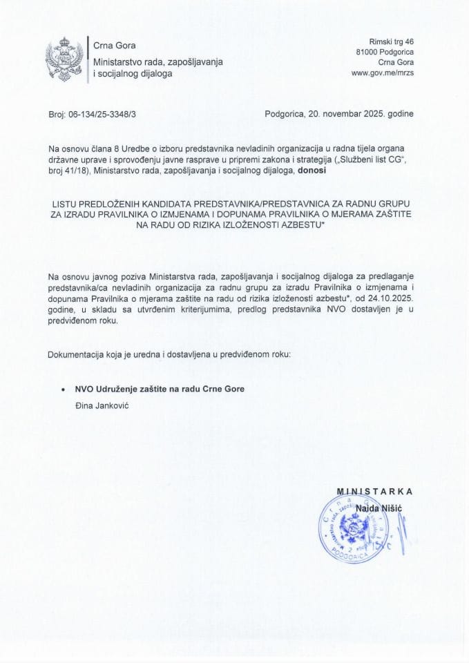 LISTA PREDLOŽENIH KANDIDATA O MJERAMA ZAŠTITE NA RADU OD RIZIKA IZLOŽENOSTI AZBESTU