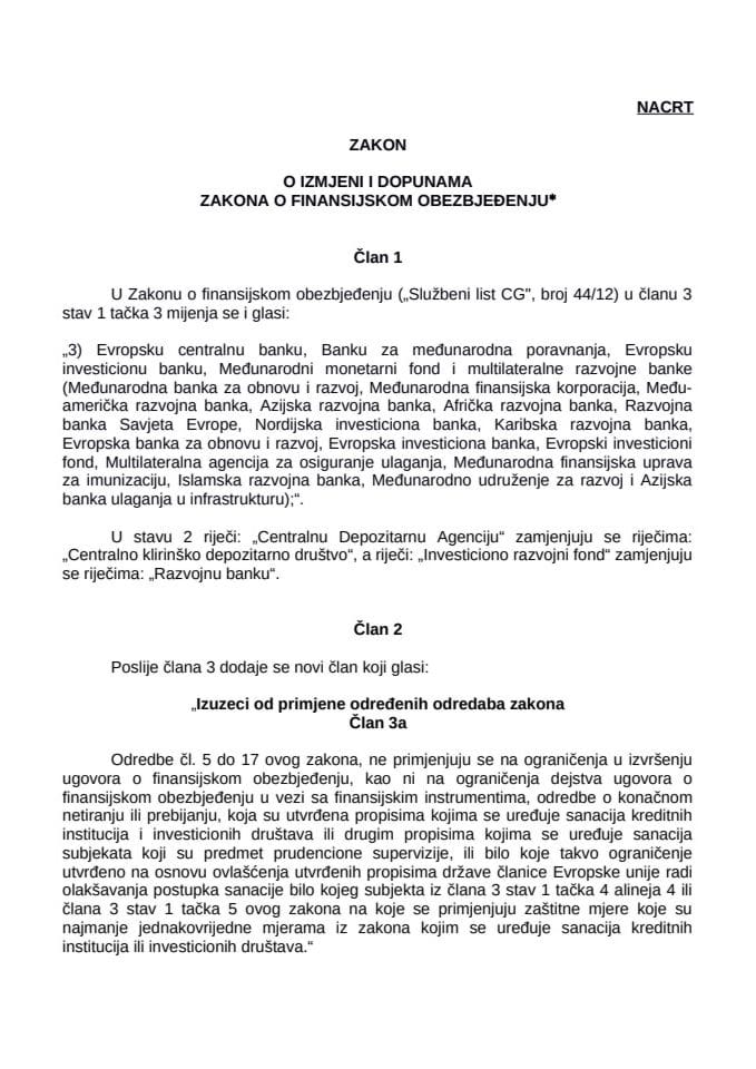 Nacrt zakona o izmjenama i dopuni Zakona o finansisjkom obezbjeđenju