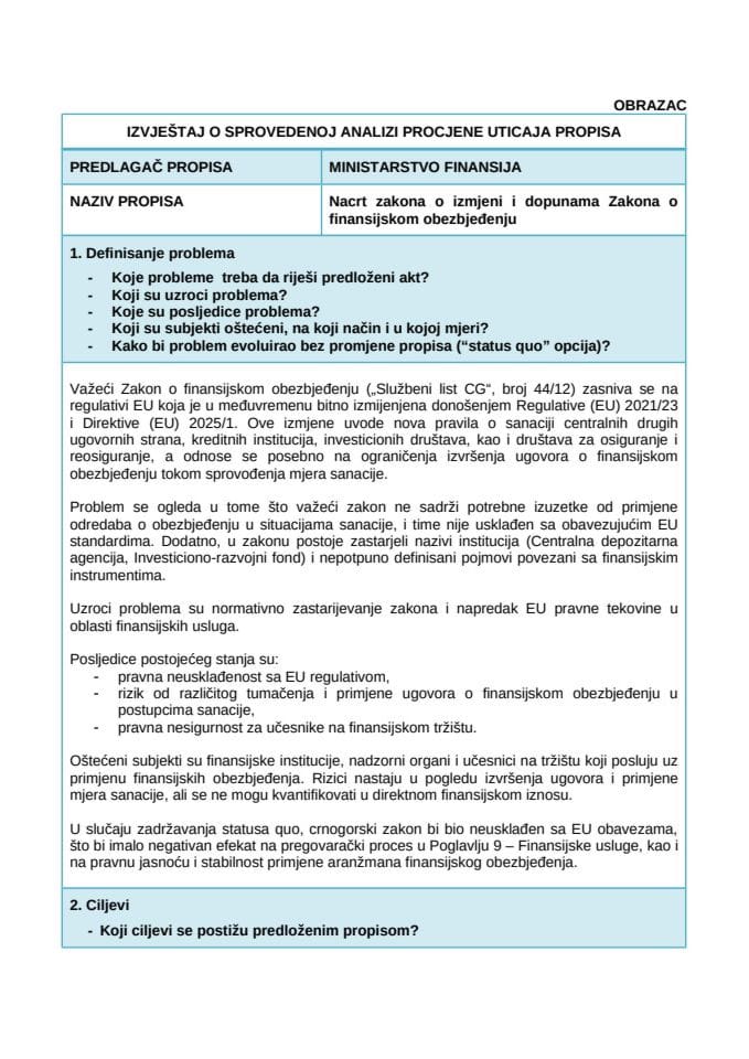 Izvještaj o sprovedenoj analizi procjene uticaja propisa (RIA)