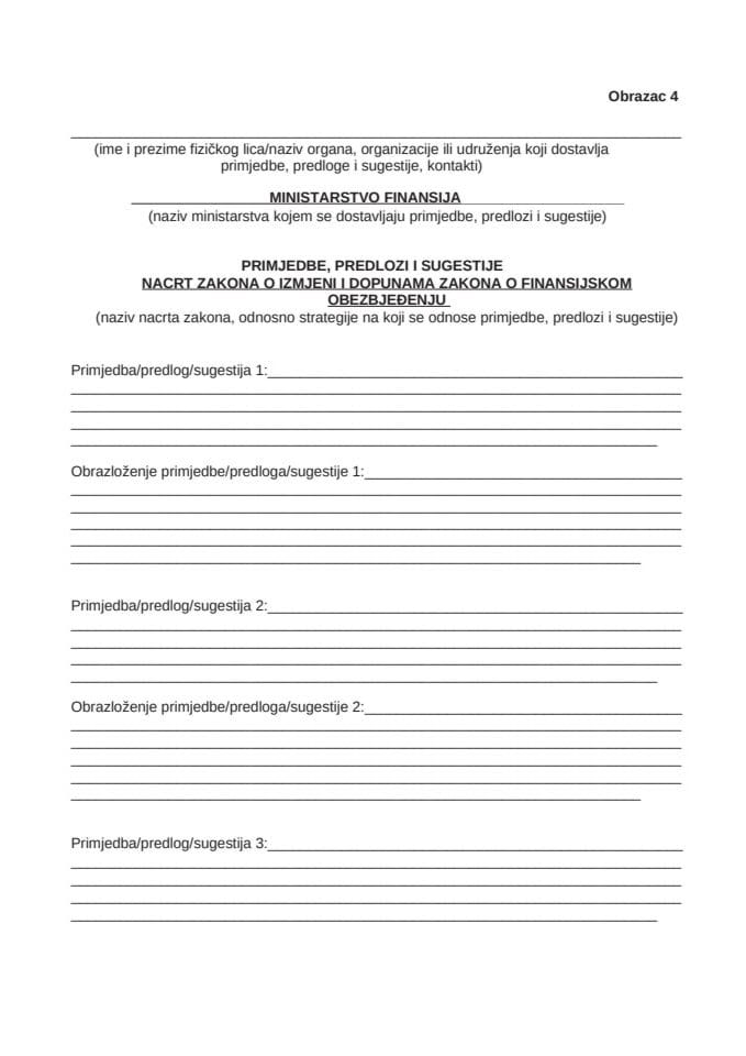 Obrazac za dostavljanje prijedloga, sugestija i komentara na Nacrt zakona