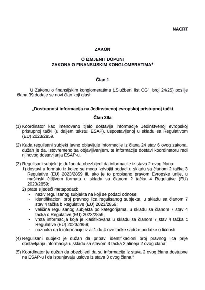 Nacrt zakona o izmjeni i dopuni Zakona o finansijskim konglomeratima