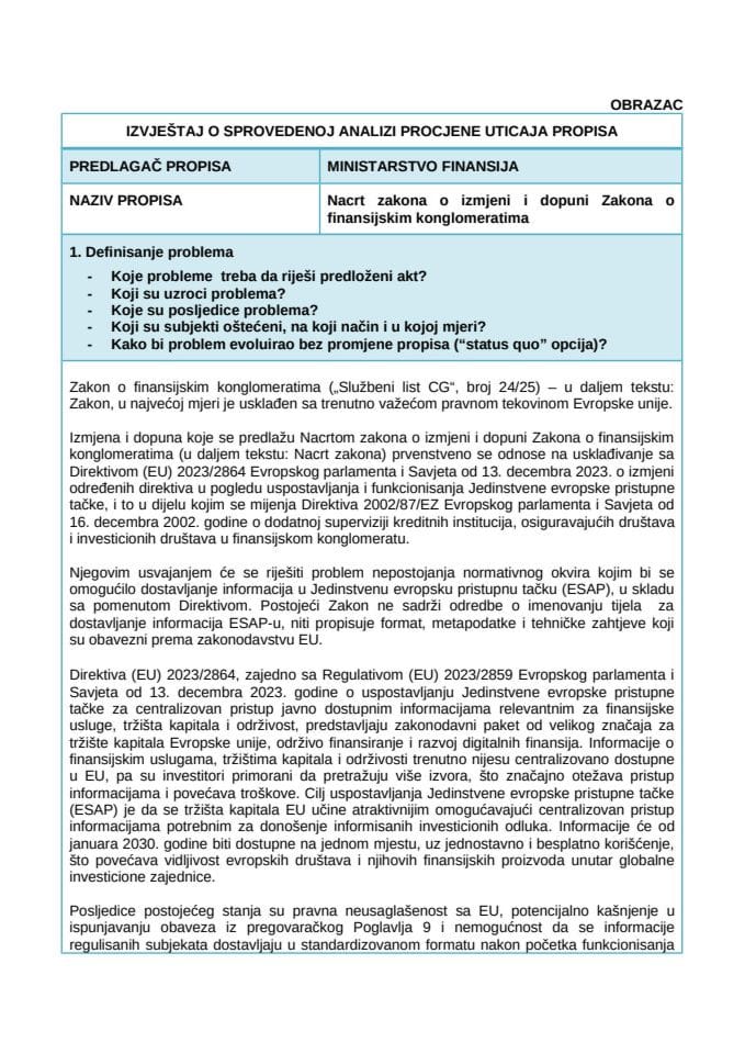 Izvještaj o sprovedenoj analizi procjene uticaja propisa (RIA)