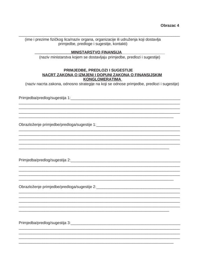 Obrazac za dostavljanje prijedloga, sugestija i komentara na Nacrt zakona