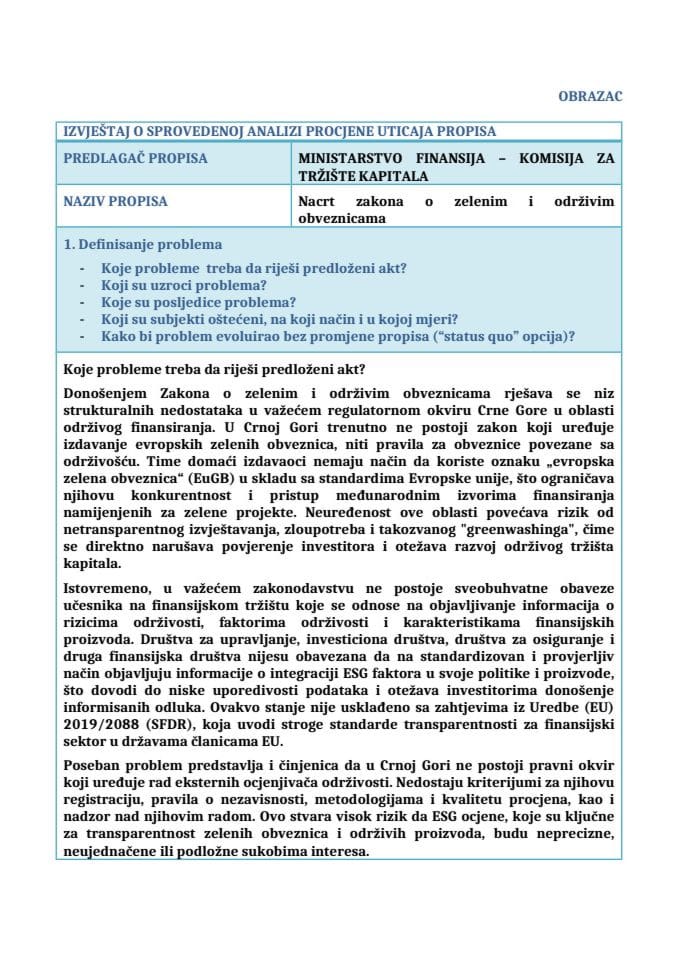 Izvještaj o sprovedenoj analizi procjene uticaja propisa (RIA)