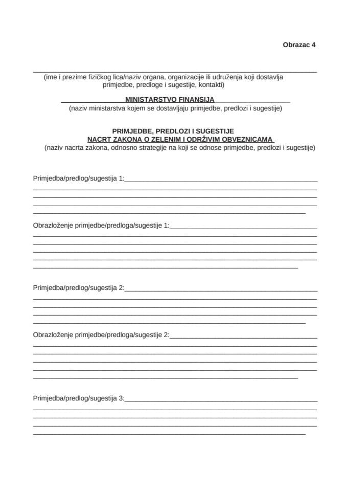 Obrazac za dostavljanje prijedloga, sugestija i komentara na Nacrt zakona