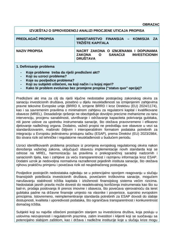 Izvještaj o sprovedenoj analizi procjene uticaja propisa (RIA)