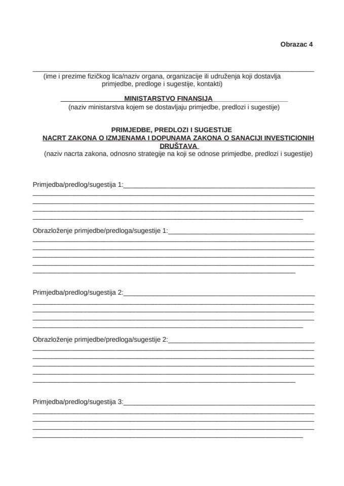 Obrazac za dostavljanje prijedloga, sugestija i komentara na Nacrt zakona