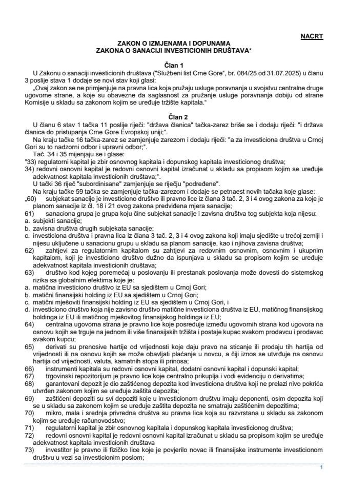 Nacrt zakona o izmjenama i dopunama Zakona o sanaciji investicionih društava