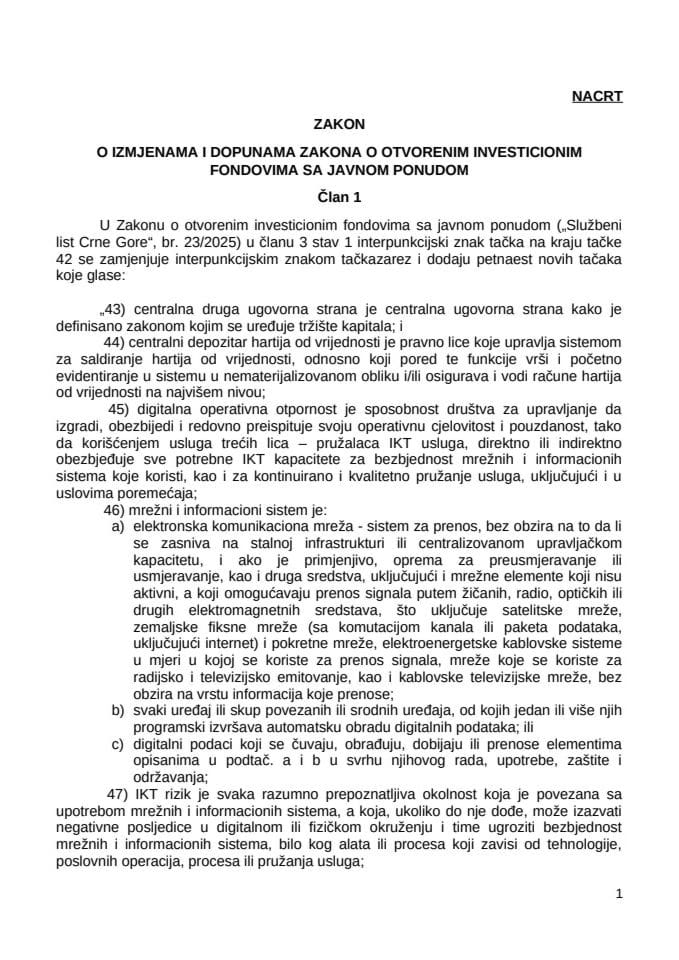 Nacrt zakona o izmjenama i dopunama Zakona o otvorenim investicionim fondovima sa javnom ponudom