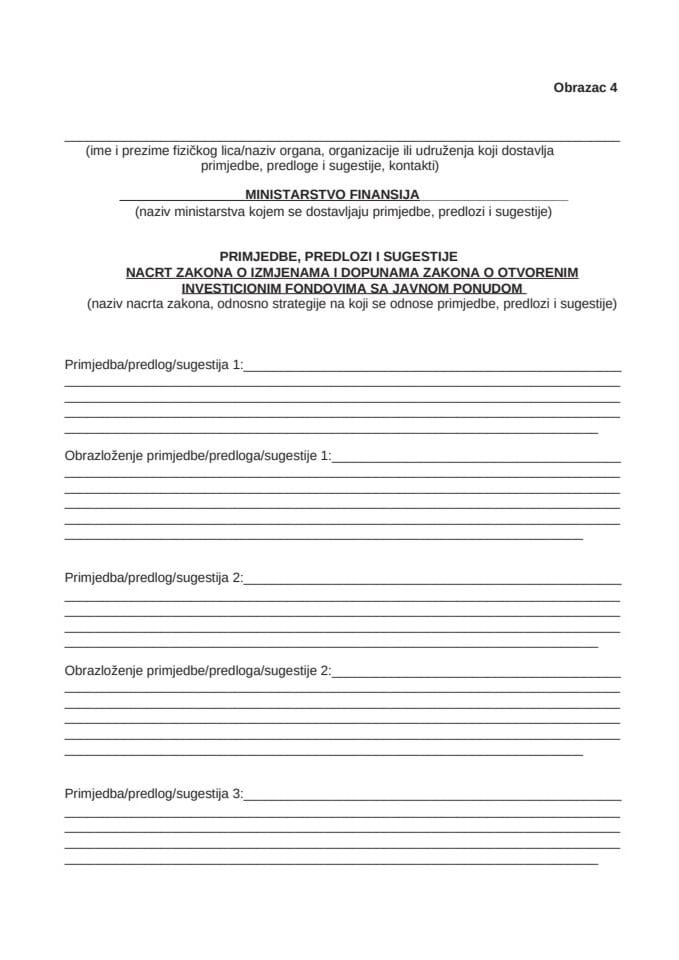 Obrazac za dostavljanje prijedloga, sugestija i komentara na Nacrt zakona