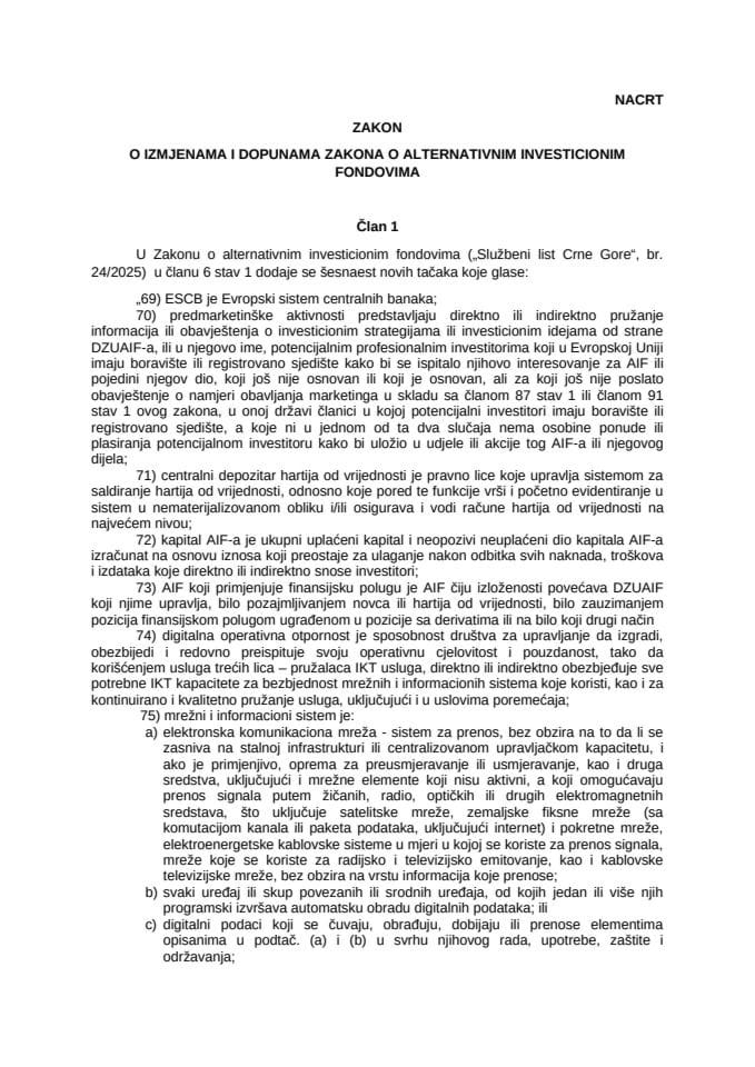 Нацрт закона о измјенама и допунама Закона о алтернативним инвестиционим фондовима