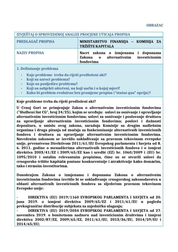 Izvještaj o sprovedenoj analizi procjene uticaja propisa (RIA)