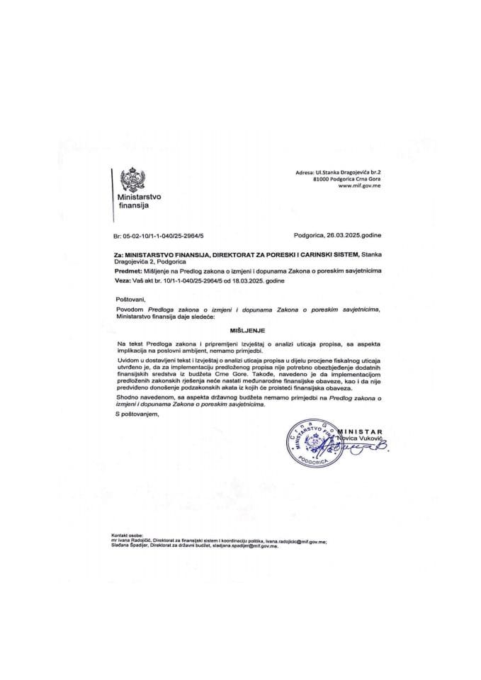 Mišljenje na Predlog zakona o poreskim savjetnicima
