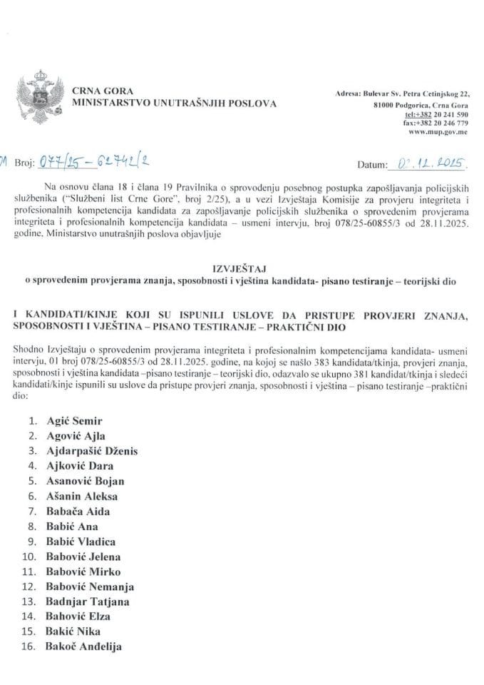 Izvještaj o sprovedenim provjerama znanja, sposobnosti i vještina kandidata - pisano testiranje (teorijski dio)