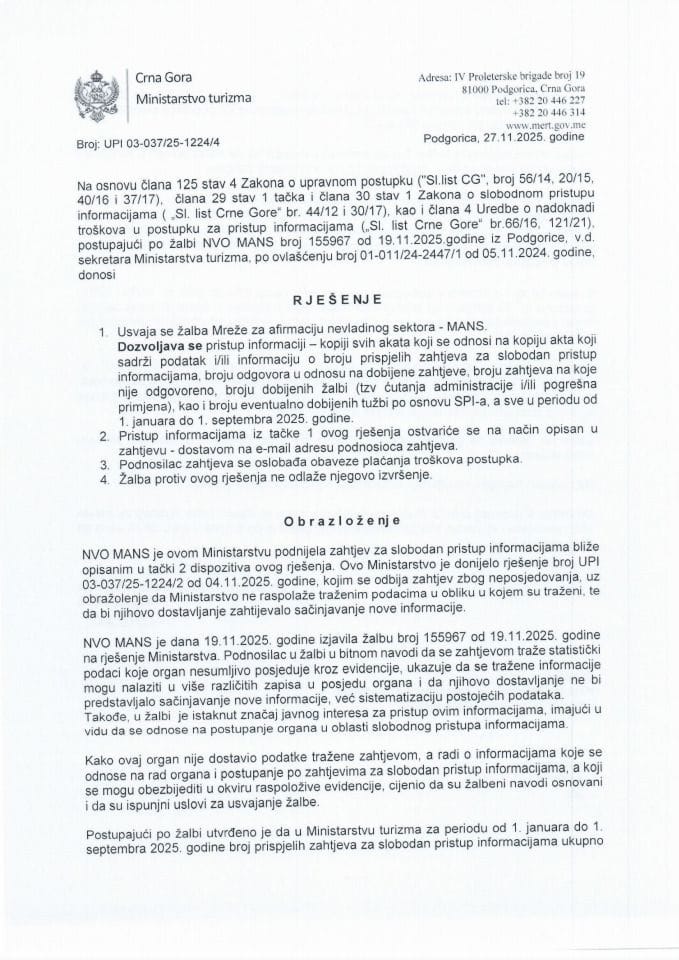 Rješenje - Slobodan pristup informacijama - UPI 03-037-25-1224-4 Mreža za afirmaciju nevladinog sektora - MANS