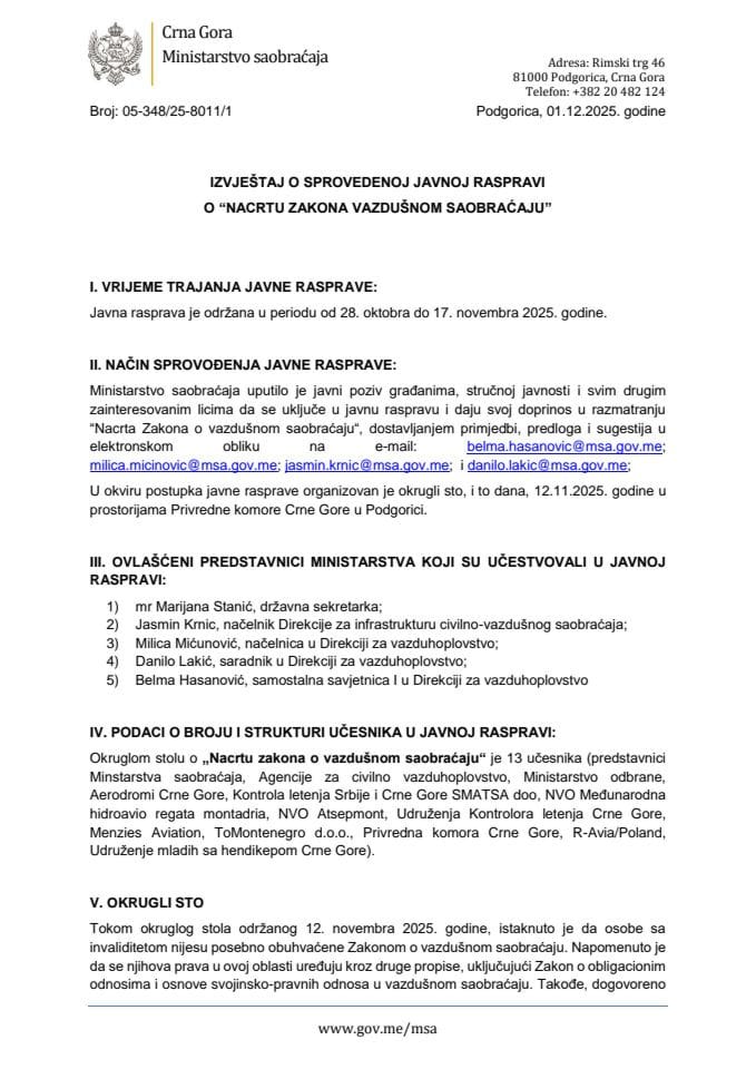 Izvještaj o sprovedenoj javnoj raspravi o nacrtu Zakona o vazdušnom saobraćaju