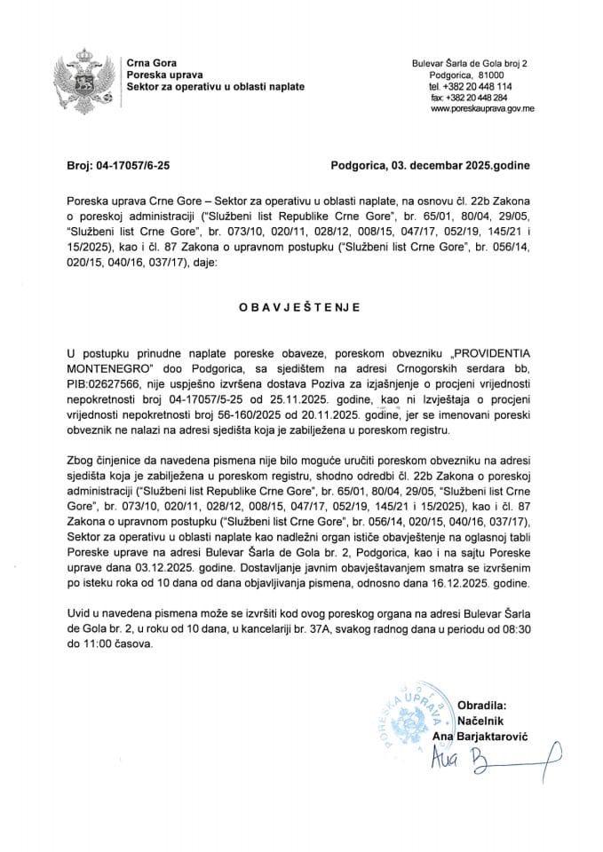 Obavještenje br. 04-17057/6-25