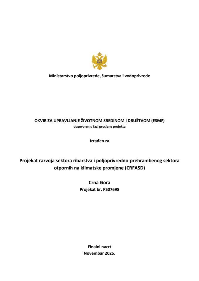 Okvirni plan upravljanja životnom sredinom i društvenim pitanjima (ESMF)