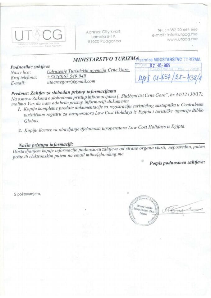 Informacije kojima je pristup odobren po osnovu zahtjeva br UPI 01-037-25-438-1 - Udruženje turističkih agencija Crne Gore od 07.05.2025. godine