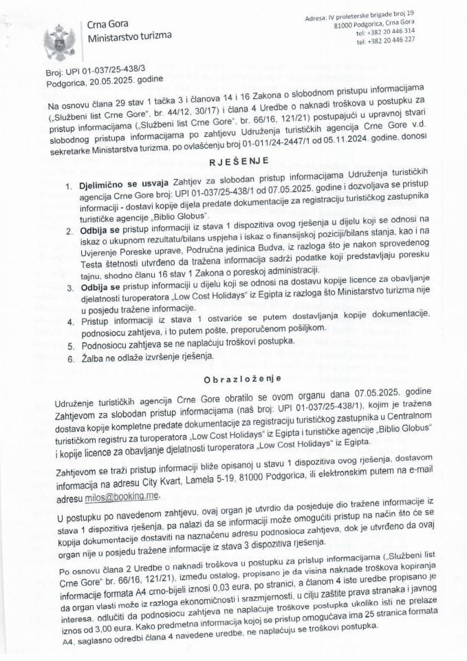 Rješenje - Slobodan pristup informacijama - UPI 01-037-25-438-3 Udruženje turističkih agencija Crne Gore