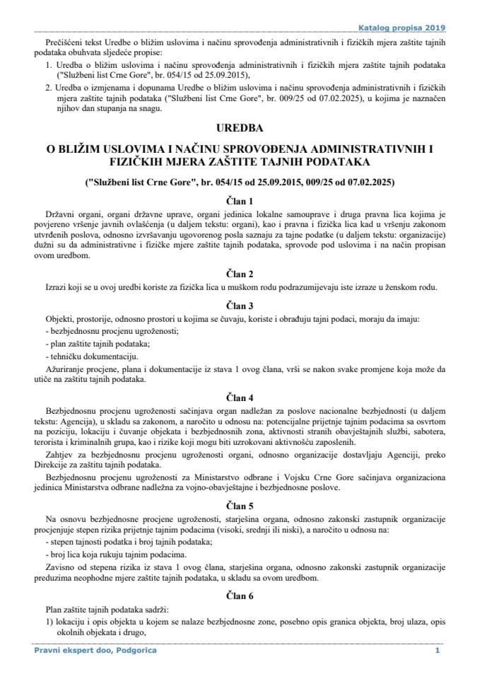 Uredba o bližim uslovima i načinu sprovođenja administrativnih i fizičkih mjera zaštite tajnih podataka