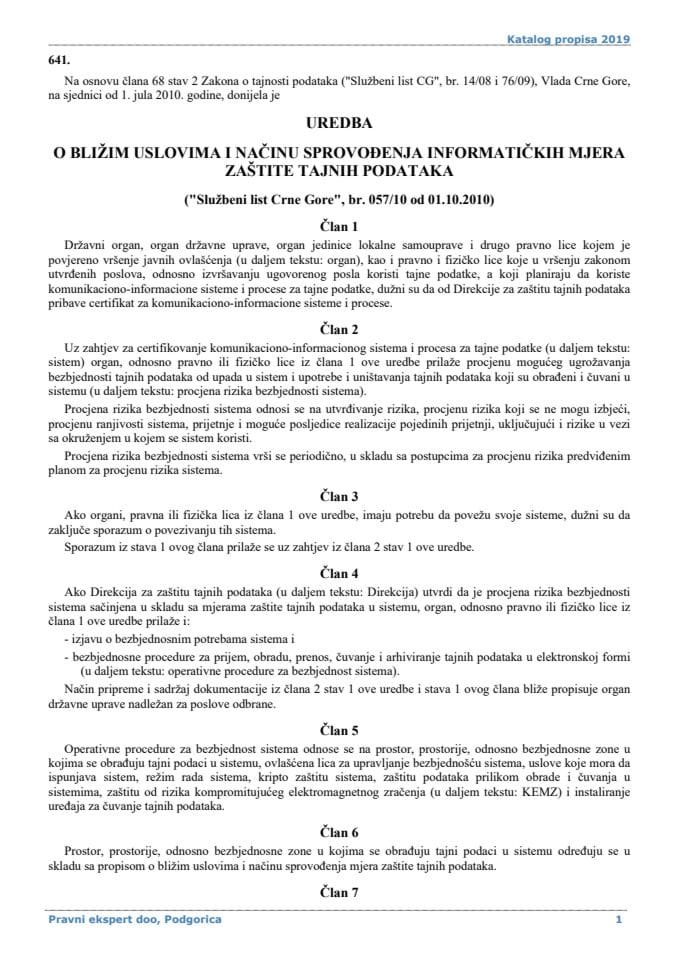 Uredba o bližim uslovima i načinu sprovođenja informatičkih mjera zaštite tajnih podataka