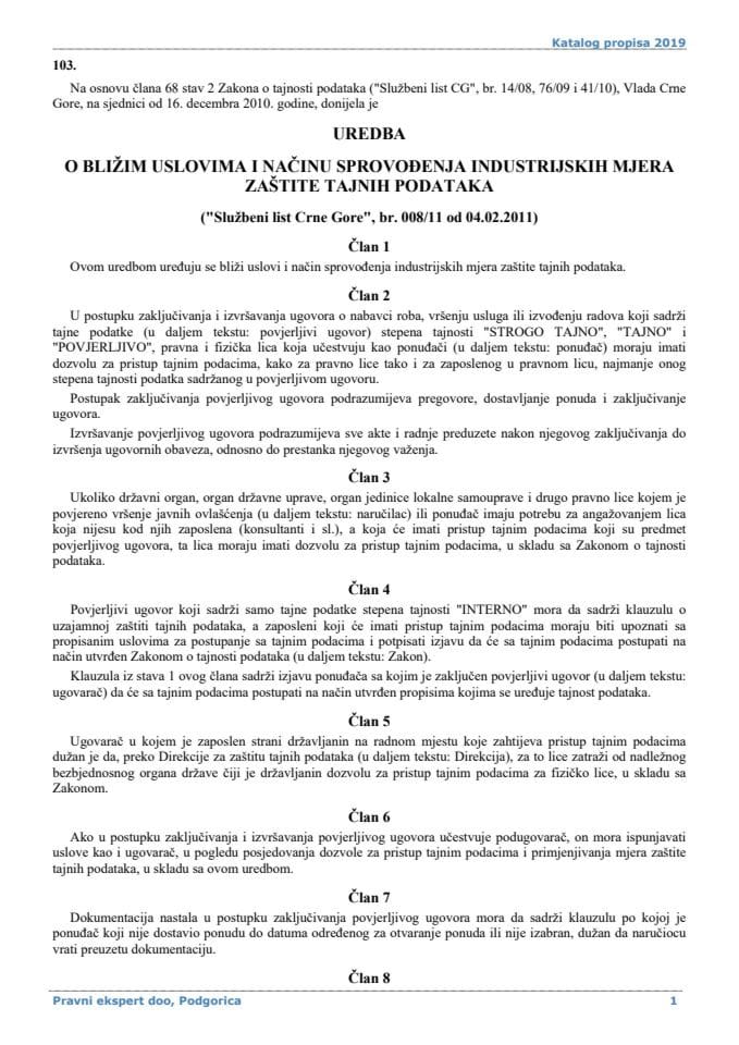 Uredba o bližim uslovima i načinu sprovođenja industrijskih mjera zaštite tajnih podataka