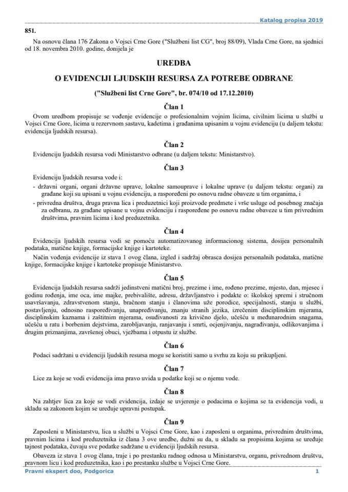 Uredba o evidenciji ljudskih resursa za potrebe odbrane