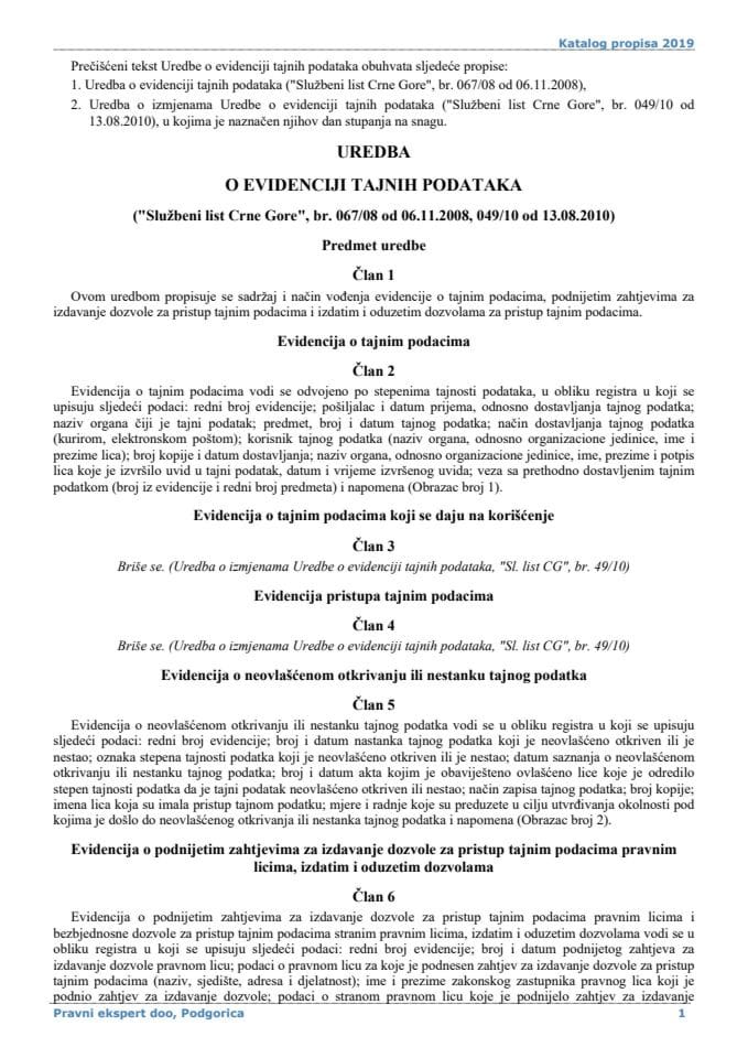 Uredba o evidenciji tajnih podataka