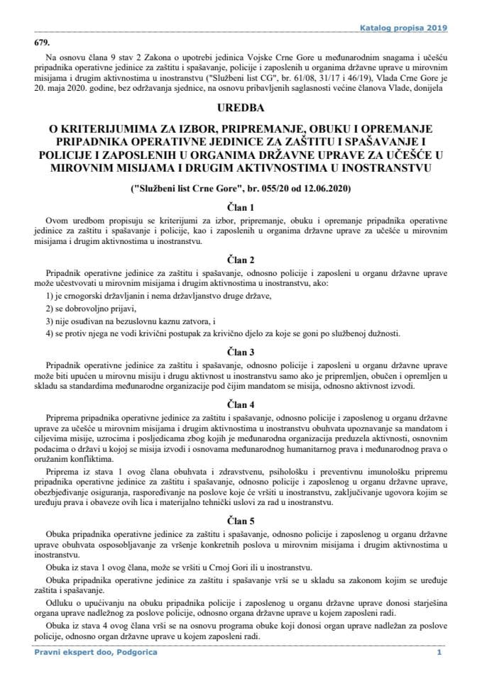 Uredba o kriterijumima za izbor, pripremanje i obuku pripadnika operativne jedinice za učešće u mirovnim misijama