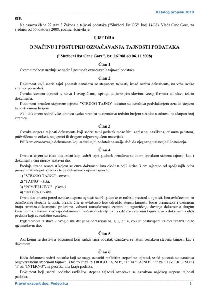 Uredba o načinu i postupku označavanja tajnosti podataka