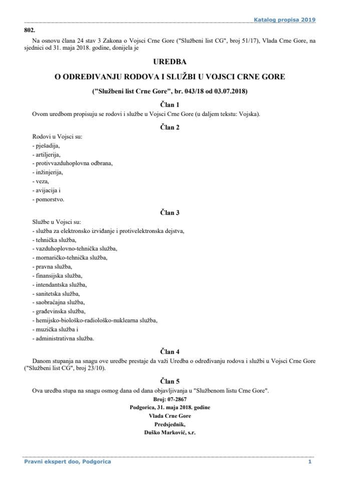 Uredba o određivanju rodova i službi u Vojsci Crne Gore