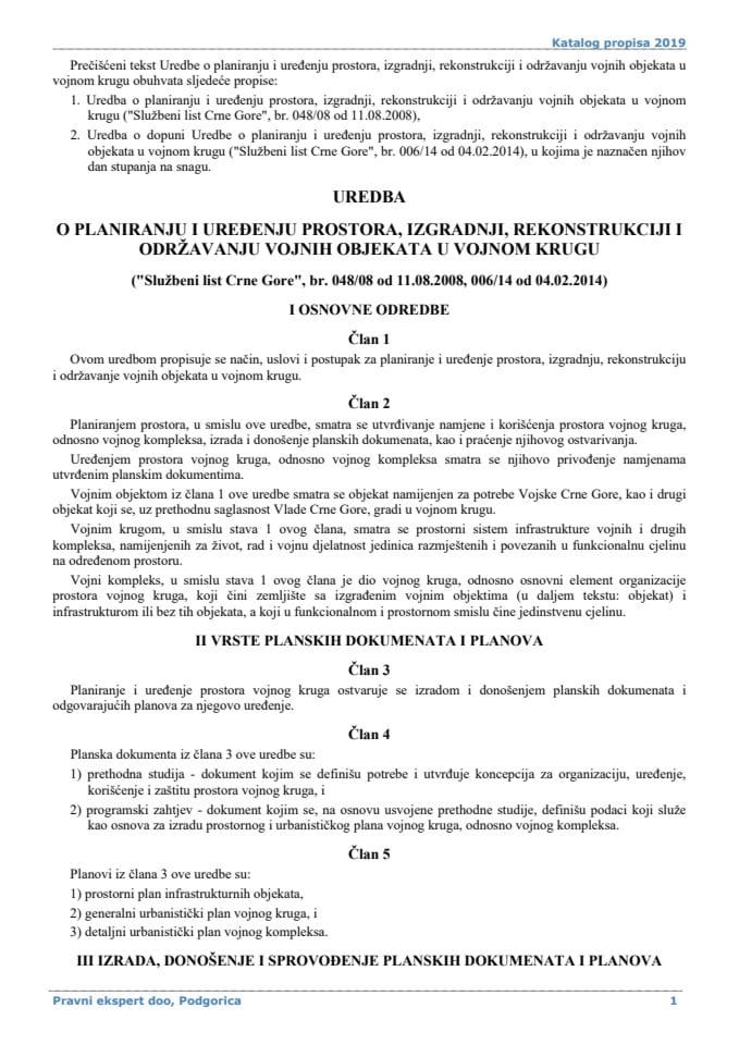 Uredba o planiranju i uređenju prostora, izgradnji, rekonstrukciji i održavanju vojnih objekata u vojnom krugu