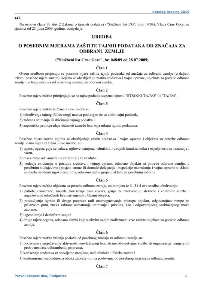 Uredba o posebnim mjerama zaštite tajnih podataka od značaja za odbranu zemlje