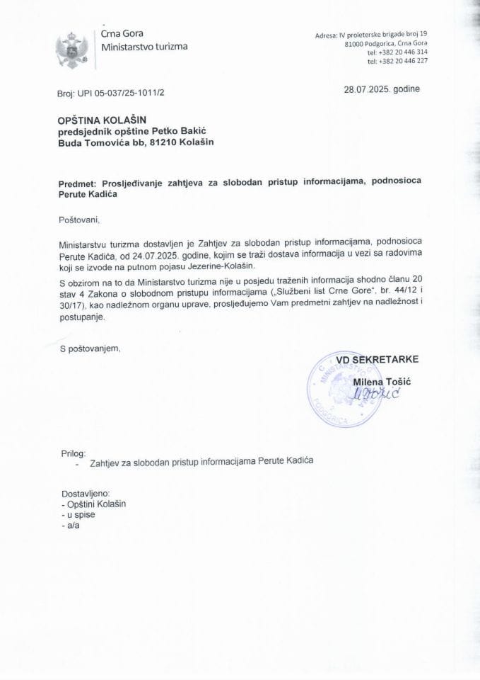 Rješenje -Prosleđivanje zahtjeva za slobodan pristup informacijama - UPI 05-037-25-1011-2 Opština Kolašin