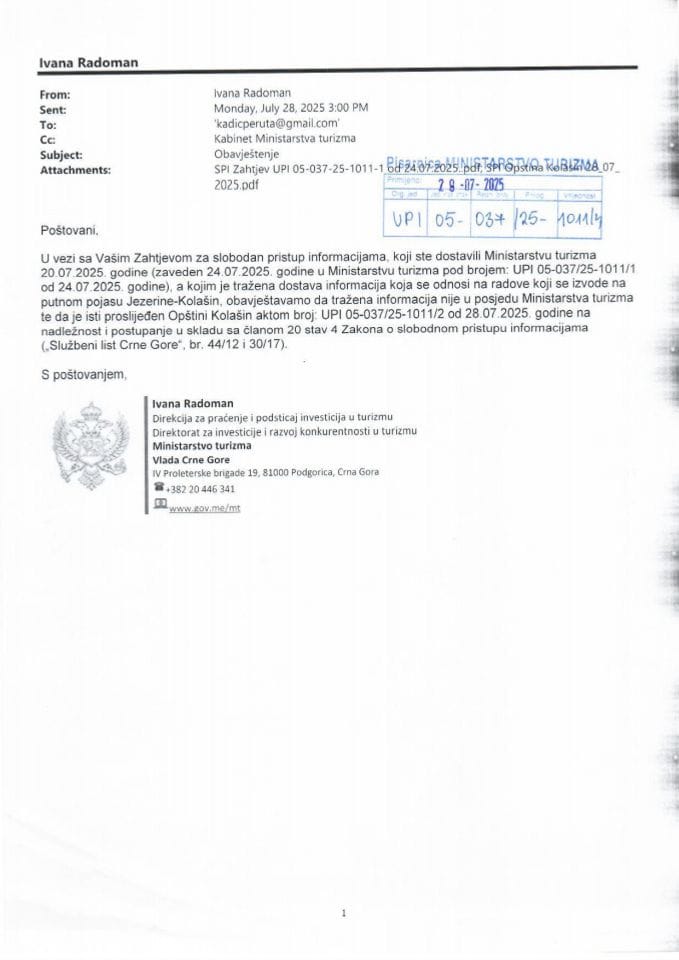 Rješenje -Prosleđivanje zahtjeva za slobodan pristup informacijama - UPI 05-037-25-1011-4 Peruta Kadić