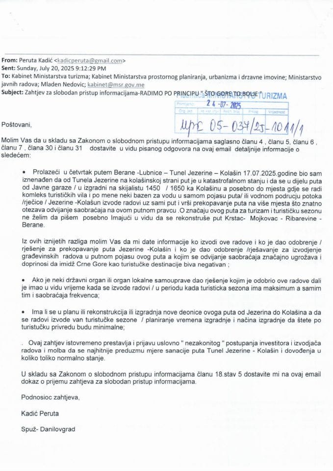 Zahtjev - Slobodan pristup informacijama - UPI 05-037-25-1011-1 - Peruta Kadić