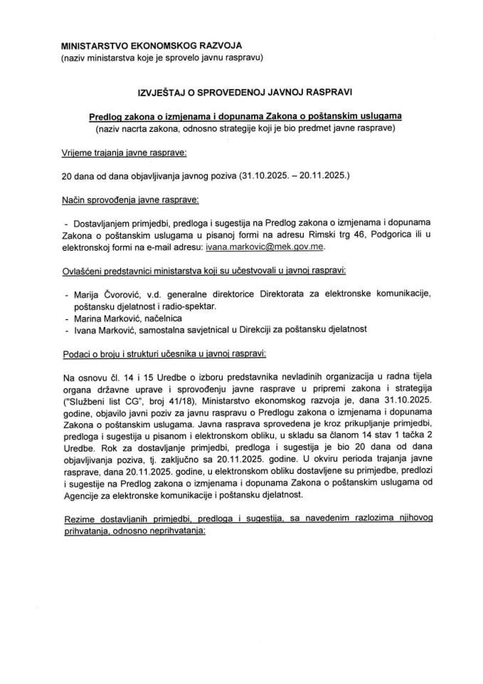 ИЗВЈЕШТАЈ О СПРОВЕДЕНОЈ ЈАВНОЈ РАСПРАВИ Предлог закона о измјенама и допунама Закона о поштанским услугама
