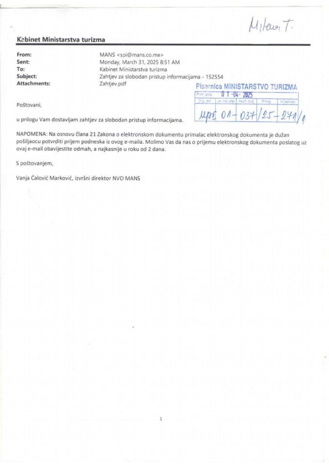 Informacije kojima je pristup odobren po osnovu zahtjeva br UPI 01-037-25-271-1 - Mreža za afirmaciju nevladinog sektora - MANS od 01.04.2025. godine