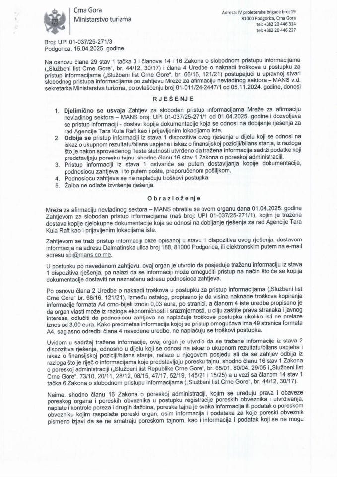 Rješenje - Slobodan pristup informacijama - UPI 01-037-25-271-3 Mreža za afirmaciju nevladinog sektora - MANS