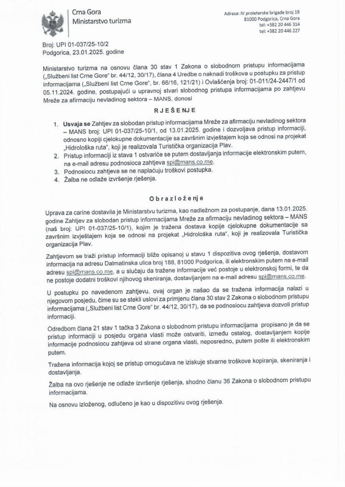 Rješenje - Slobodan pristup informacijama - UPI 01-037-25-10-2 Mreža za afirmaciju nevladinog sektora - MANS